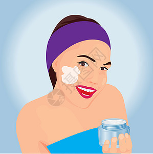 一个女孩在她的脸上涂上奶油艺术魅力血清治疗绘画化妆品面具温泉插图皮肤图片