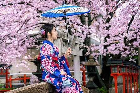 在日本京都寺庙的春天 身着日本传统和服和樱花的亚洲妇女女孩旅行植物裙子女士艺妓公园花园戏服樱花图片