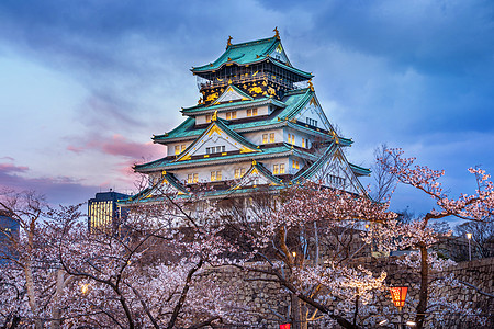 在日本大阪的樱花和城堡观光历史文化世界建筑学照明地标旅行遗产天空图片