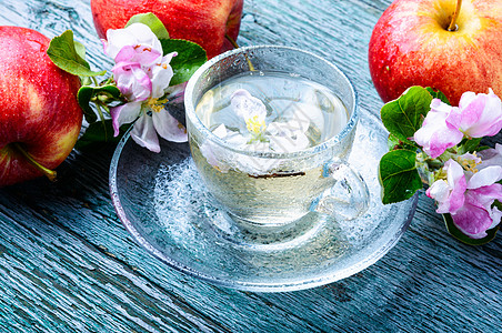 苹果果茶玻璃液体绿茶单宁乡村水果草本植物叶子饮料芳香图片