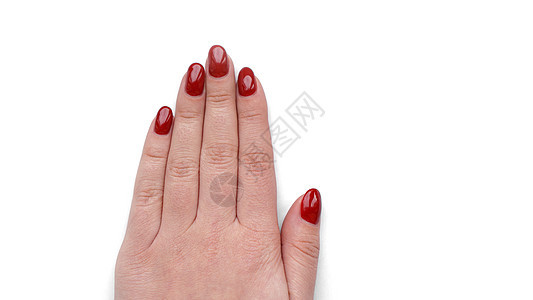美丽的女性手 有红修指甲和指甲 在白色背景上被孤立手指女士庆典刷子美甲温泉手臂表皮皮肤抛光图片