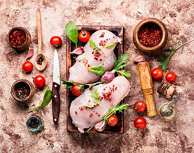 新鲜鸡肉加香料桌子厨房胸部母鸡胡椒子食物家禽蔬菜草本植物美食图片