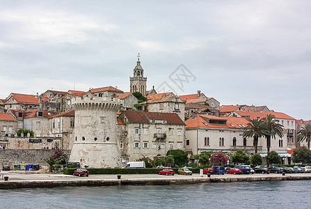 克罗地亚科尔库拉旅游蓝色海滩假期教会堡垒建筑石头建筑学旅行图片