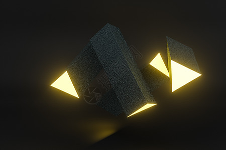 深色背景的 3d 渲染黄色发光三角柱辉光金属传播柱子创造力几何学亮度电子产品艺术创新图片