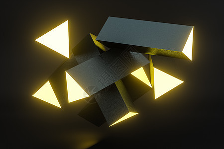 深色背景的 3d 渲染黄色发光三角柱传播商业辉光技术创造力金属艺术插图工程柱子图片