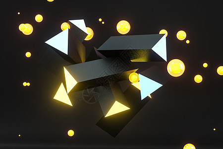 深色背景的 3d 渲染黄色发光三角柱几何学柱子多面体艺术辉光工程技术传播商业材料图片