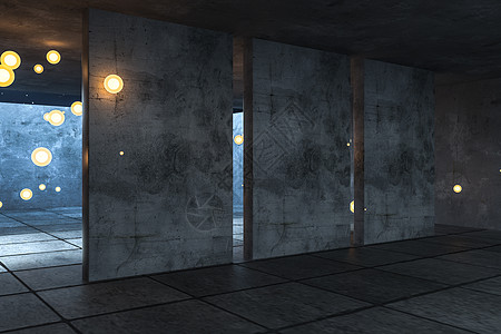 3d 渲染废弃的空房间在晚上萤火虫地面石头建筑学3d水泥地下室天花板场景阴影图片