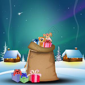 圣诞之夜的礼物卡通片插图北极光快乐玩具房子庆典国家丝带月光图片