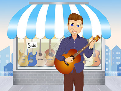 男人买吉他陈列柜电吉他乐器店铺快乐零售娱乐绳索音乐和弦图片