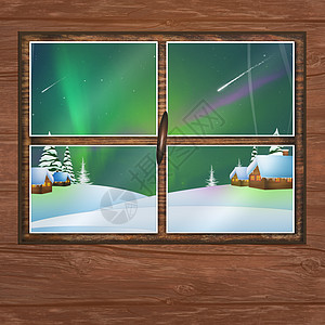 望着窗外的北光线辉光流星窗户北极星绿色气氛极光插图小屋星星图片