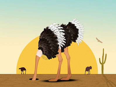 鸵鸟把头埋在沙漠的沙子里哺乳动物土地地形插图动物图片