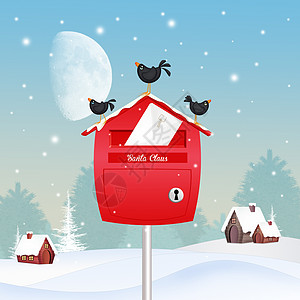在冬季风景中的邮箱上的黑鸟图片