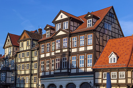 德国奎德林堡有半平整房屋的街道历史建筑房子石工遗产建筑学窗户装饰品框架木头图片