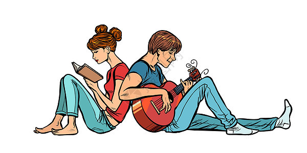女孩和男孩 女人看书 男人弹吉他 (笑声)图片