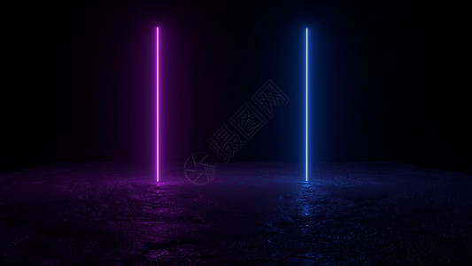 3d 抽象背景渲染地面上的两个粉红色和蓝色霓虹灯逆波和合成波插图图片