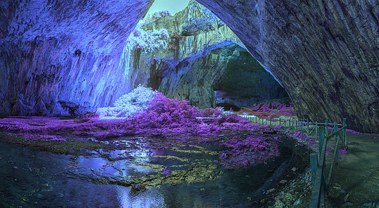 神秘的洞穴 以明亮奇妙的色彩洞穴学岩石旅行童话外星人悬崖蓝色石头地标树叶图片
