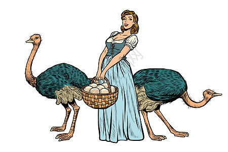 鸵鸟农场鸡蛋 女人农庄旅行食草生活动物群漫画女性脖子女孩农民动物图片