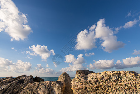 海滩岩石和蓝天空海岸假期蓝色支撑热带情调树木棕榈废墟旅游图片