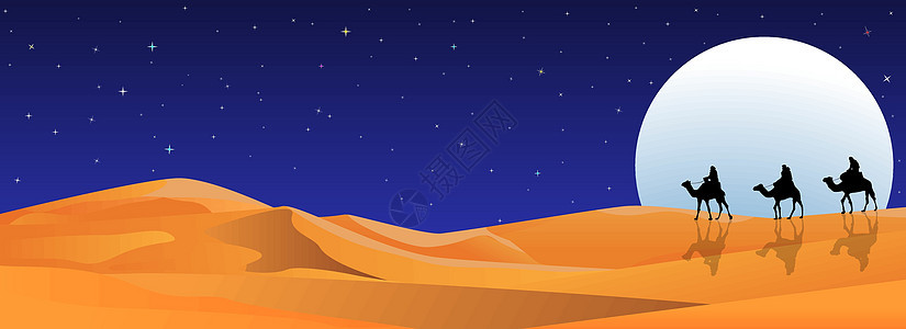 在沙漠中夜晚骑骆驼的骑马者图片