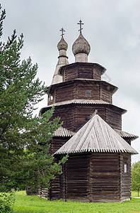 俄罗斯Wooden建筑露天博物馆旅行建筑木头绿色村庄教堂圆顶博物馆教会历史图片