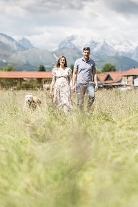 怀孕的年轻夫妇手牵手走在草原上 是金色猎犬野外图片