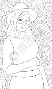 成人涂色书 一个戴着帽子和太阳镜的可爱女孩涂鸦插图乐趣曲线绘画树叶纠纷海报女士染色图片