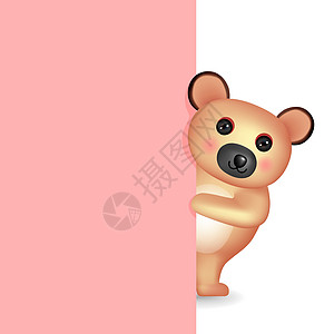 站在粉红色墙壁后面的可爱小熊图片