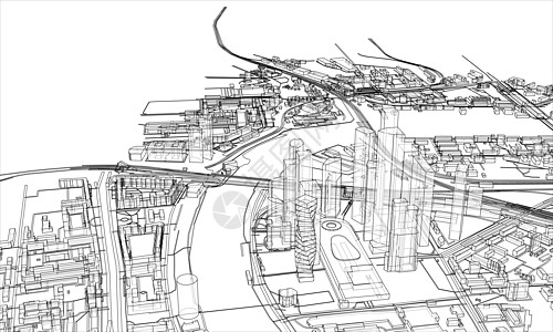 概述城市概念 线框样式市中心墨水街道建筑学房子白色绘画草图摩天大楼场景图片