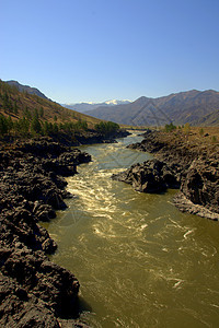 卡顿山河的绿石水横跨阿尔泰山脉的岩石海岸和陡峭的悬崖 穿过卡通山河场景环境地平线高山山脉晴天旅游公园天空石头图片