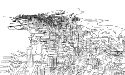 概述城市概念 线框样式房子场景白色摩天大楼市中心建筑学城市插图建筑艺术图片