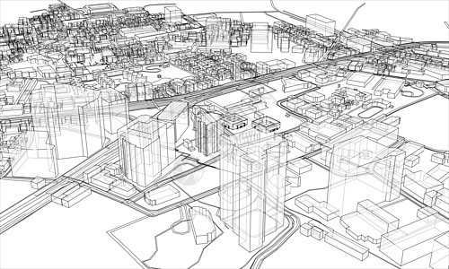 概述城市概念 线框样式街道市中心摩天大楼建筑学白色草图鸟瞰图房子场景墨水图片