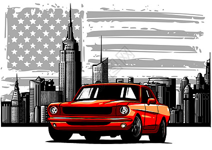 美国肌肉 ca 的矢量图形设计插图标签星星乘客汽车运输邮票蓝色海报旗帜叠印图片