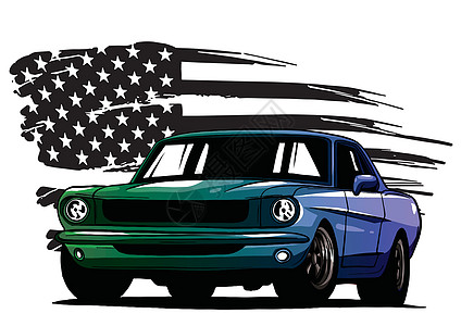 美国肌肉 ca 的矢量图形设计插图海报稀有性条纹橡皮荣耀叠印乘客蓝色汽车星星图片