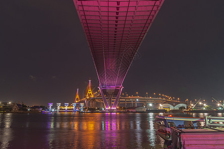 Bhumibol大桥河大桥 打开灯光夜景光源街道渡船风景城市远景交通视野外表图片