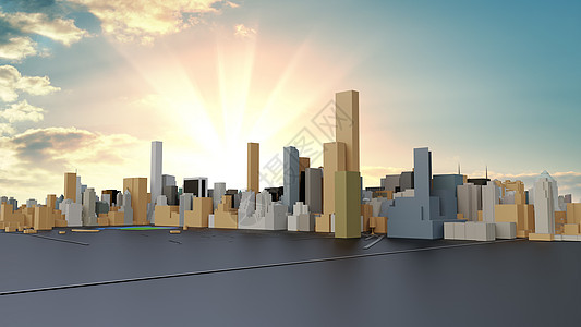3D 未来派城市建筑办公楼街道摩天大楼太阳市中心外星人渲染圆顶小说技术图片