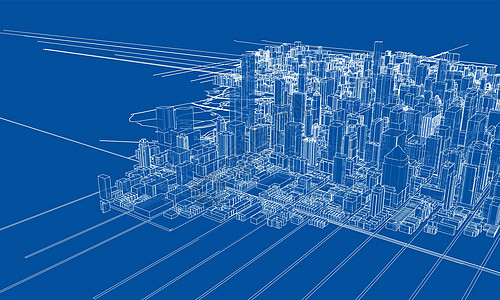 概述城市概念 线框样式城市景观街道场景白色摩天大楼建筑学墨水房子地平线图片