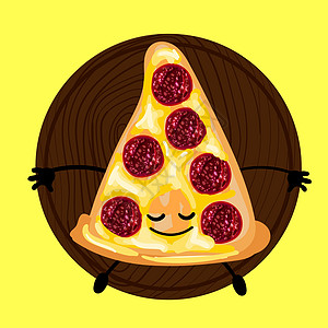 比萨是一个有脸的可爱角色 在盘子上切片披萨 黄色背景 为您的公司装饰菜单和卡片的比萨饼餐厅徽标食物咖啡店午餐香肠标识卡通片漫画标图片