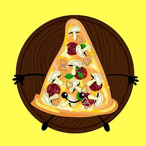 比萨是一个有脸的可爱角色 在盘子上切片披萨 黄色背景 为您的公司装饰菜单和卡片的比萨饼餐厅徽标美食小吃食物卡通片漫画咖啡店插图午图片