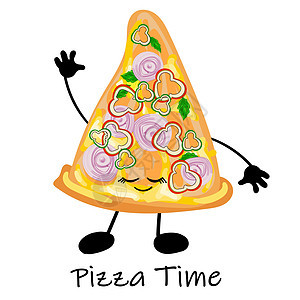 比萨是一个有脸的可爱角色 在盘子上切片披萨 黄色背景 为您的公司装饰菜单和卡片的比萨饼餐厅徽标食物标签午餐插图咖啡店美食漫画小吃图片