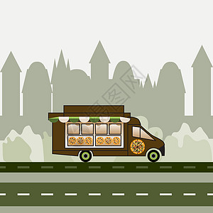 披萨卡车骑着高速公路 在城市背景上图片