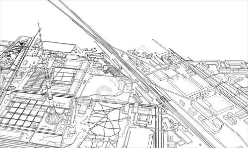 概述城市概念 线框样式地平线街道市中心插图城市墨水房子场景景观建筑学图片