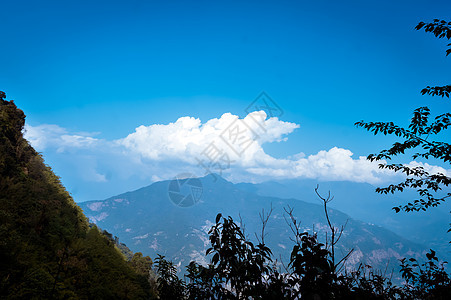 喜马拉雅山谷山脉背景 在山脊的暴风云在蓝天 狂野的东亚印第安自然之美 梦幻般的蓬松天气 和平宁静的孤独和平静的形象图片