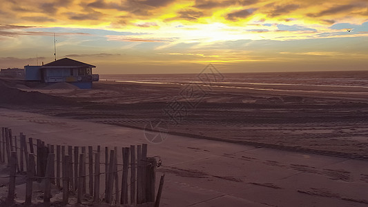 荷兰在沙滩沿岸黄天的荷兰日落图片