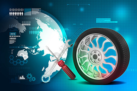 3d 轮胎更换概念光盘服务扳手速度轮缘工具车库运输帮助螺丝刀图片