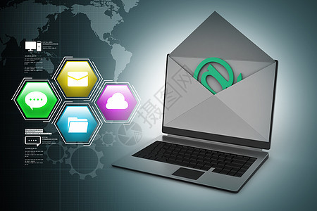 电子邮件的概念 现代笔记本电脑和信封工作邮箱键盘监视器互联网机动性明信片托运垃圾邮件技术图片