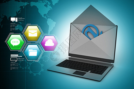 电子邮件的概念 现代笔记本电脑和信封明信片垃圾邮件网络插图托运屏幕工作键盘电报送货图片