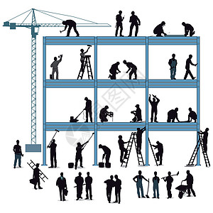 技术员和工匠在建造房屋方面建筑工人手工具作坊管道合作工具箱承包商电工工人技术插画