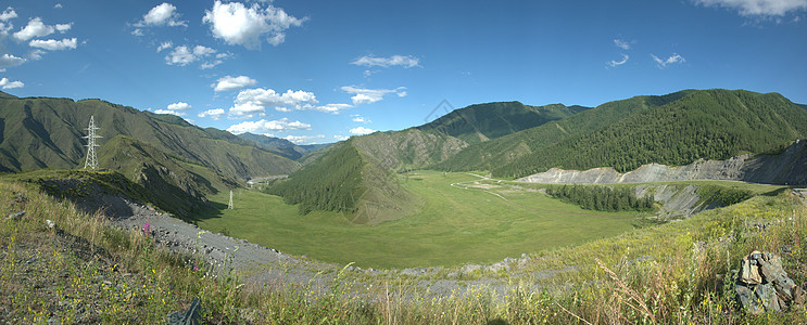 俄罗斯西伯利亚阿尔泰州阿尔泰州塞马河间山地盆地全景照图片