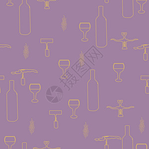 紫色背景上的开瓶器和酒瓶黄色剪影图片
