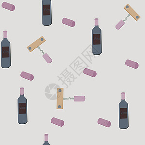 浅蓝色背景无缝 p 上的开瓶器和酒瓶瓶子插图饮料酒吧派对藤蔓绘画杠杆餐厅软木图片